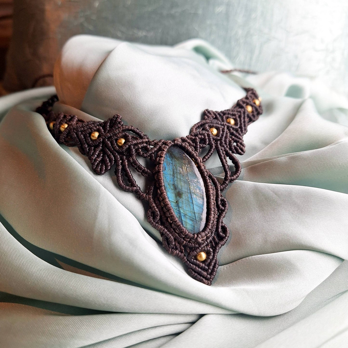 Makramee Kette mit Labradorit/ Boho Hippie Schmuck • Edelstein Halskette • Geschenkidee