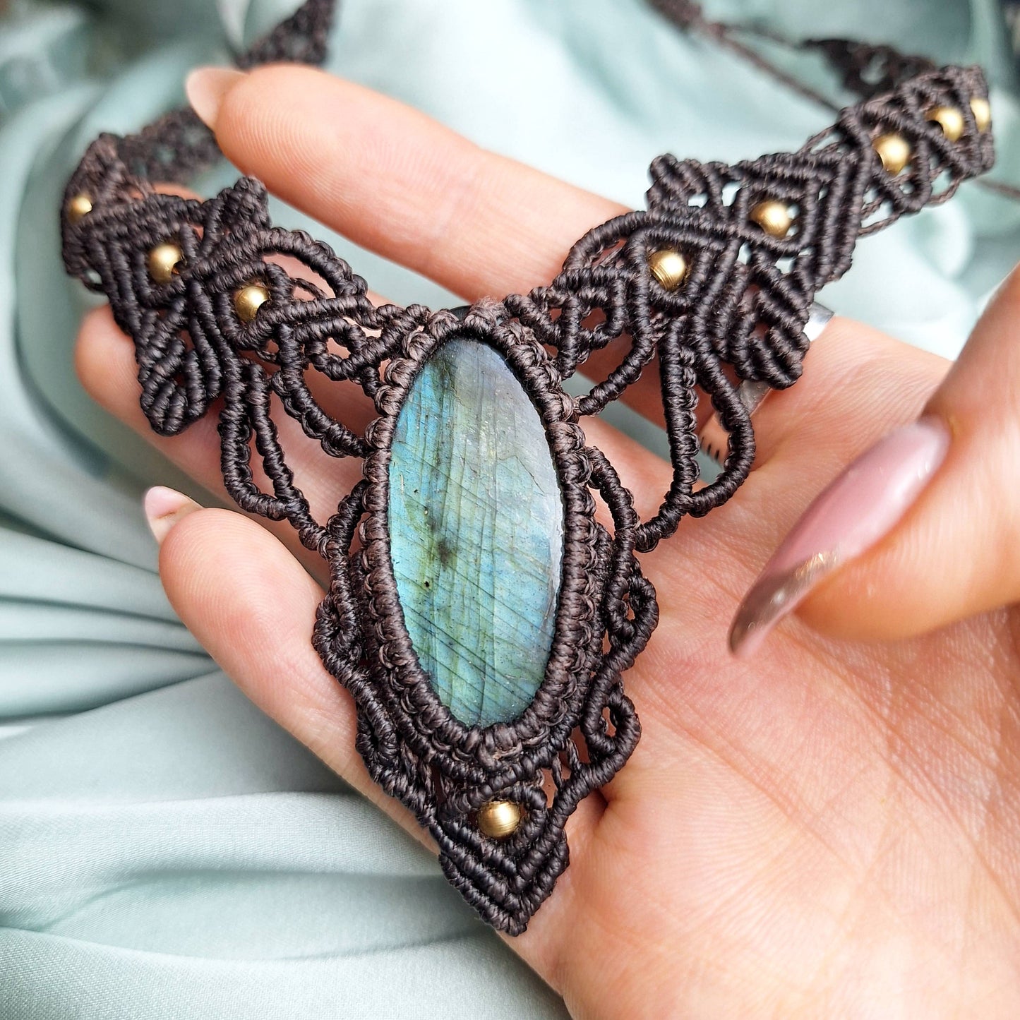Makramee Kette mit Labradorit/ Boho Hippie Schmuck • Edelstein Halskette • Geschenkidee