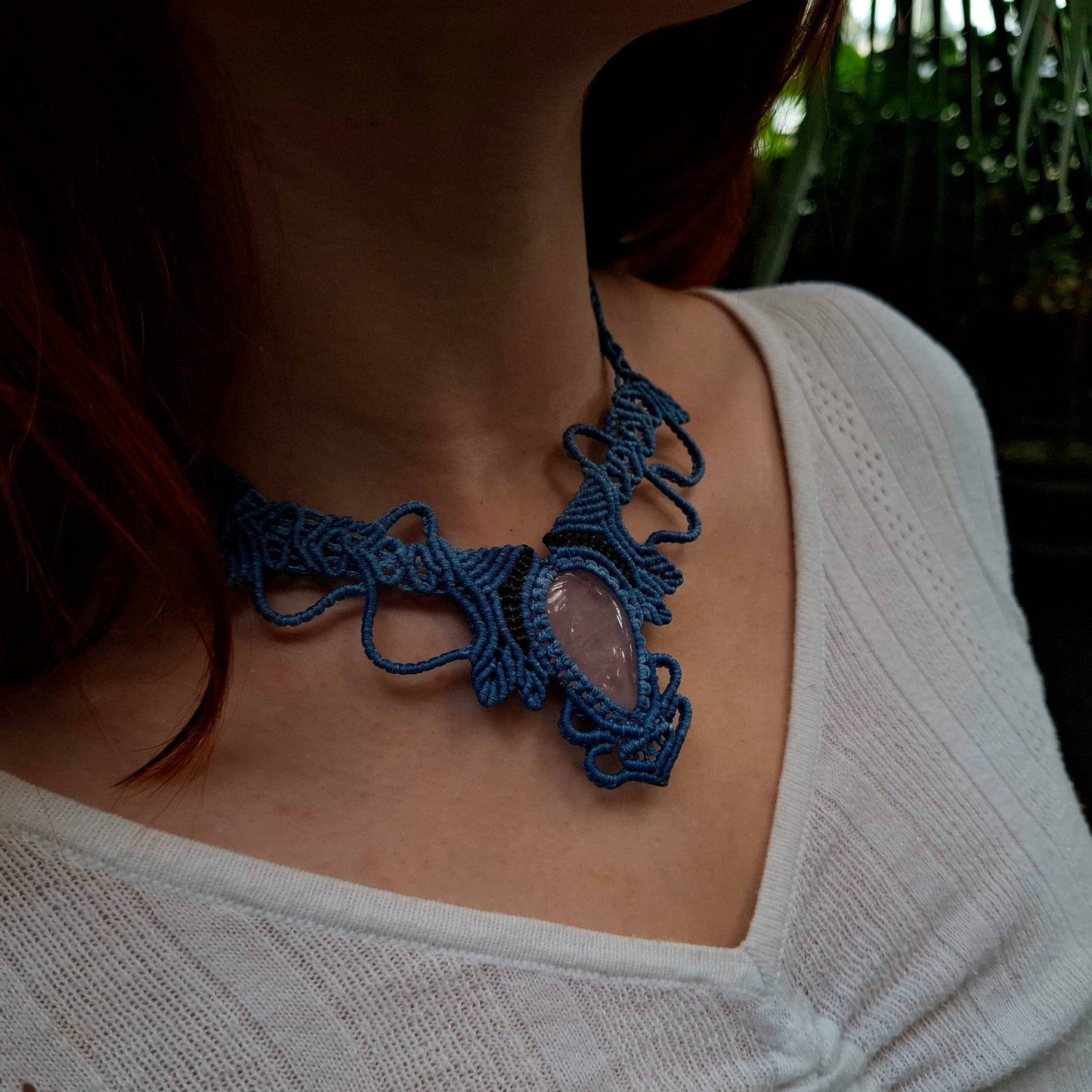 Elven Rose – Boho Macramé Choker Necklace with Rose Quartz Crystal