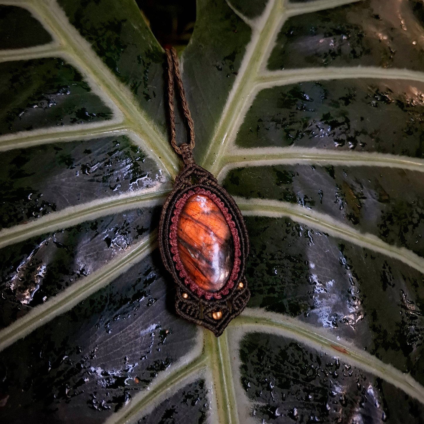 Amber Fire – Handmade Macramé Necklace with Orange Labradorite